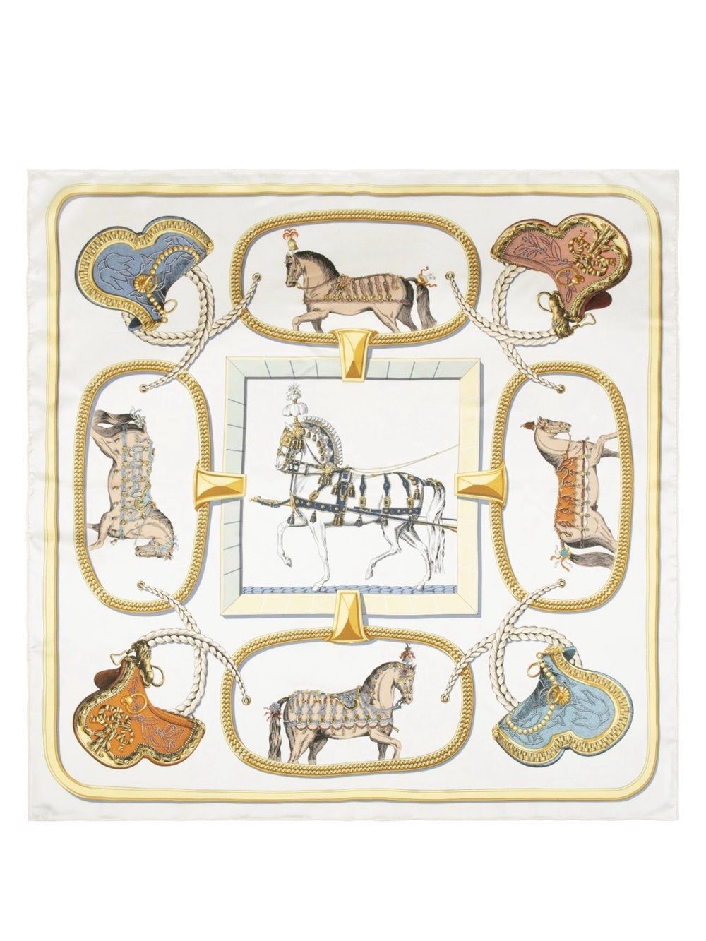 Luxury White Horse & Saddle Print Silk Scarf by Carolina Lemke 036